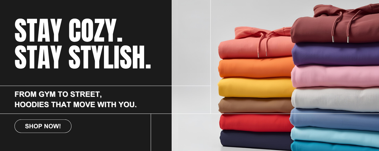 Stack of colorful hoodies with promotional text on a black and gray background