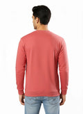 Person wearing a red sweatshirt on a white background