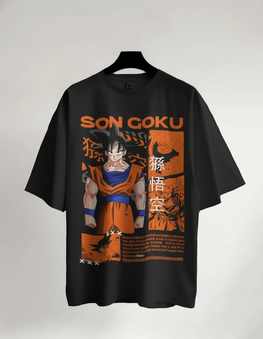 Black t-shirt with Son Goku graphic on a hanger against a gray background