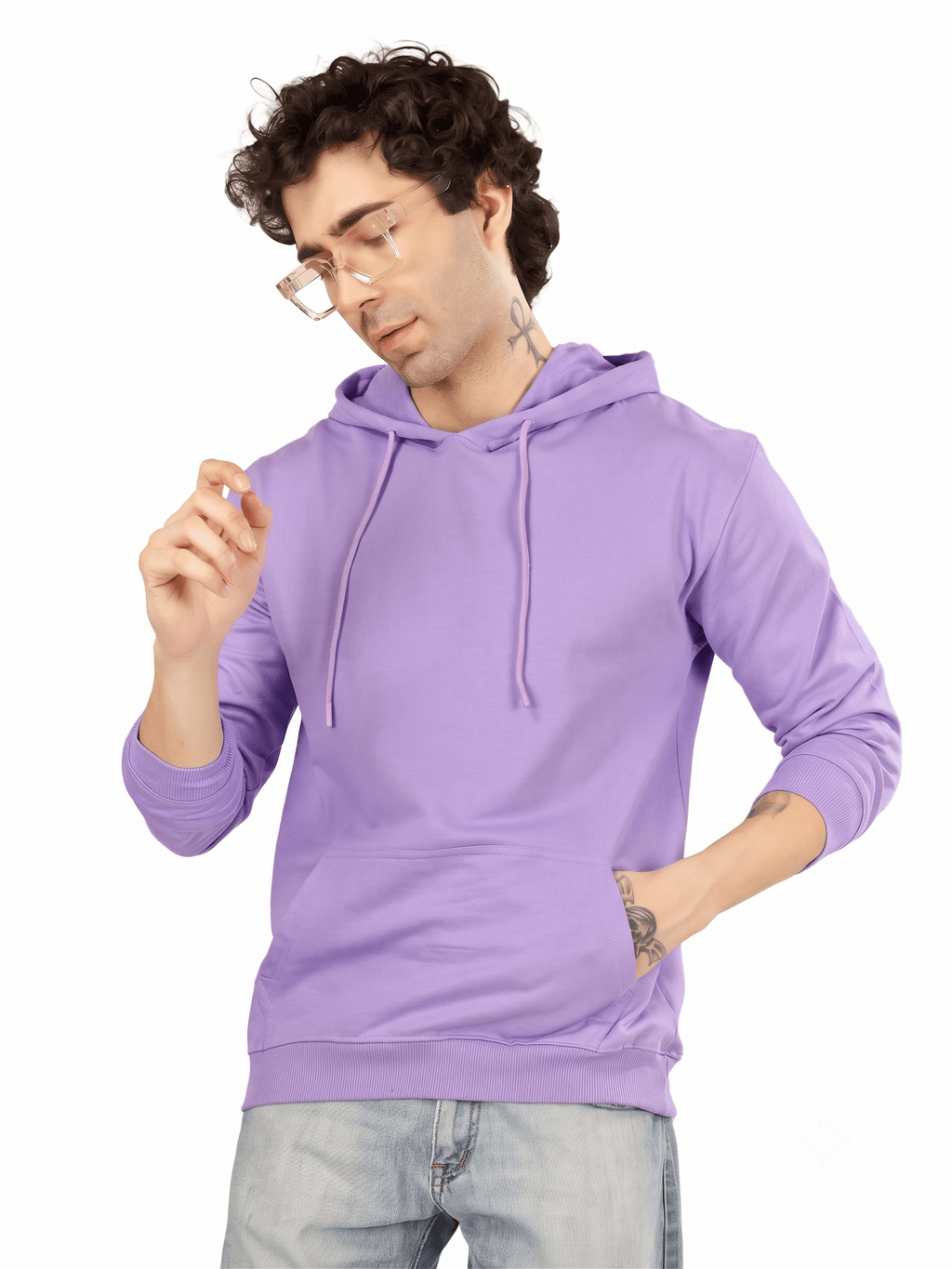 A man wearing a light purple/lavender pullover hoodie with drawstrings and a kangaroo pocket, paired with light-wash jeans, against a plain white background.