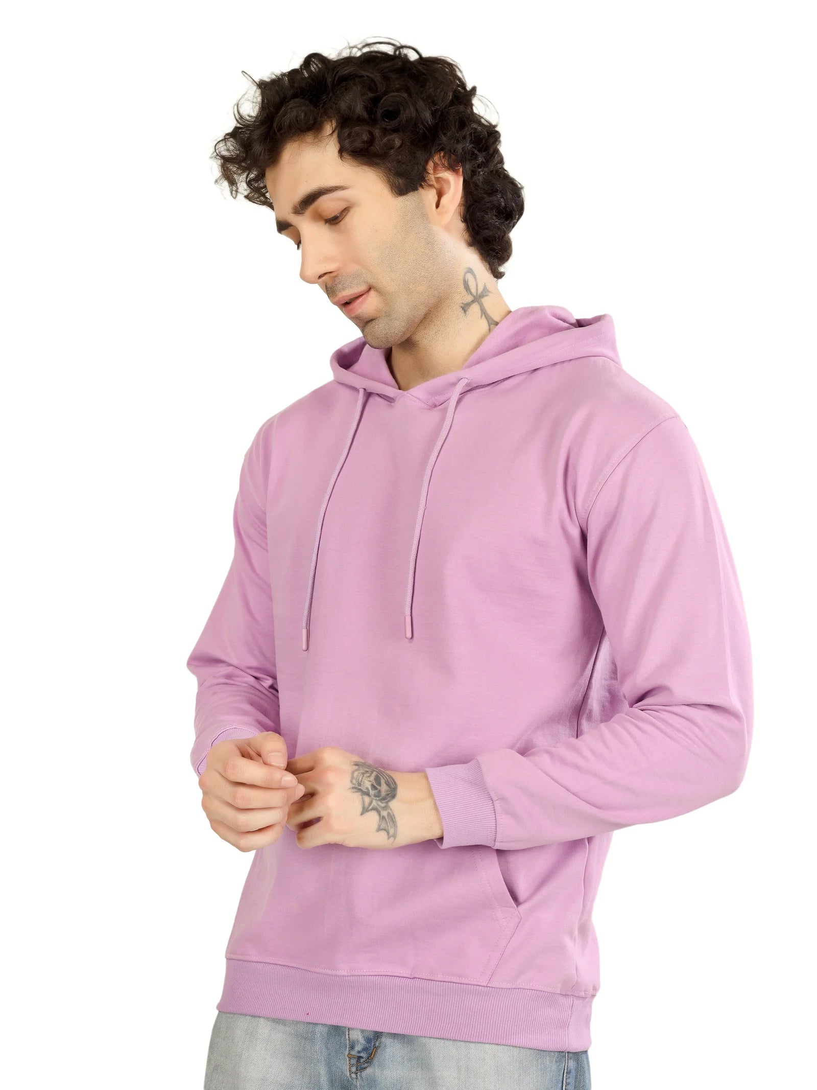 Person wearing a light purple hoodie on a white background