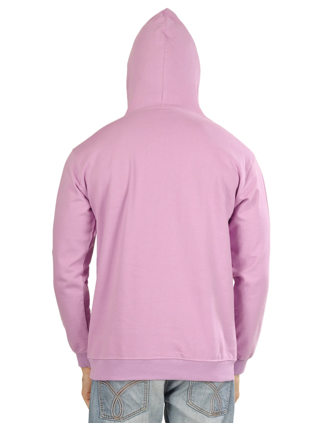 Pink hoodie worn by a person on a white background