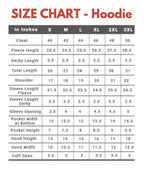 Size chart for hoodie measurements in inches