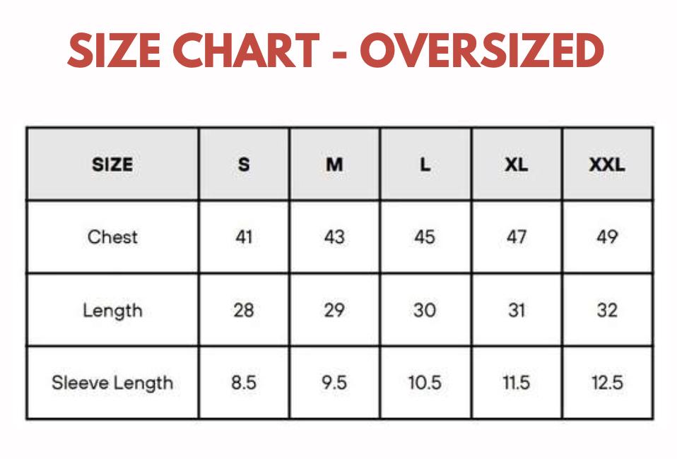 Size chart for oversized clothing with chest, length, and sleeve length measurements.