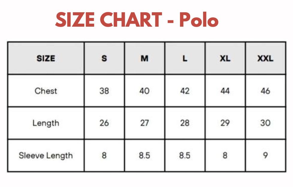 Size chart for polo shirts with measurements in chest, length, and sleeve length.