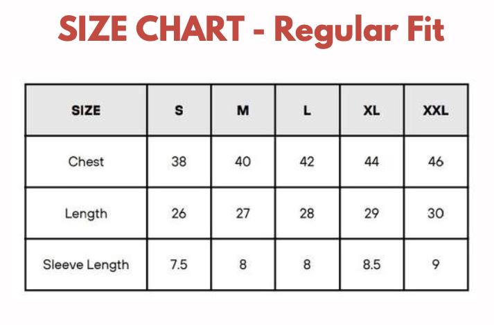 Size chart for regular fit clothing with chest, length, and sleeve length measurements.