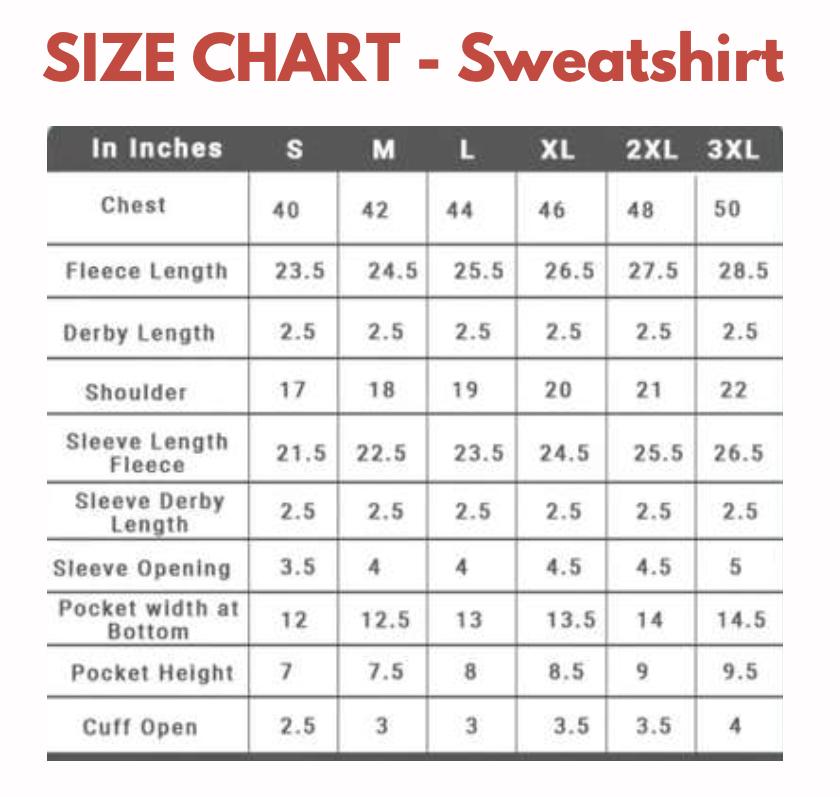 Size chart for sweatshirts in inches