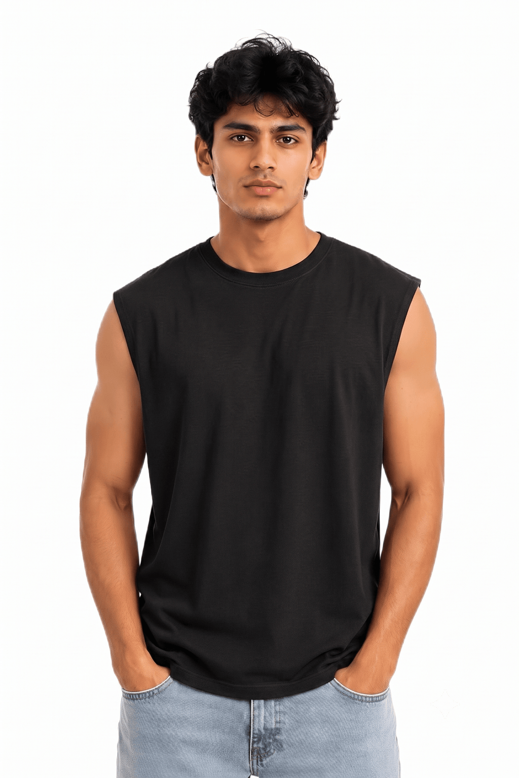A man wearing a black sleeveless crewneck t-shirt and light blue jeans, standing against a solid white background.