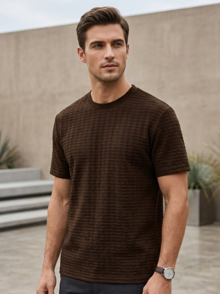 A man wearing a dark brown textured short-sleeve crewneck t-shirt, standing outdoors against a modern concrete wall background.