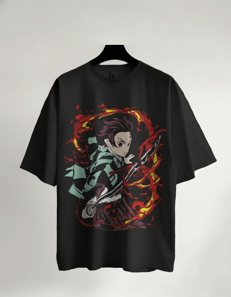 Black t-shirt with anime character and flames design on a hanger against a light gray background