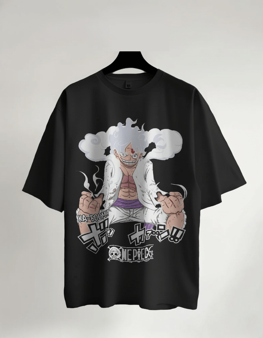 Black t-shirt with a graphic design on a hanger against a light gray background