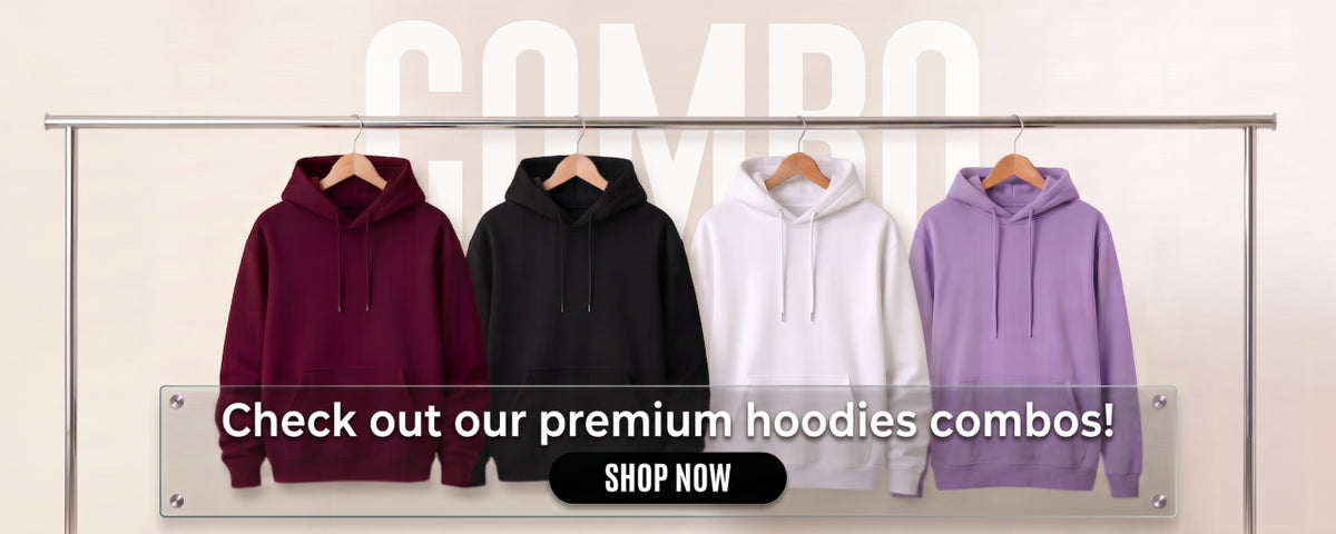 Four hoodies in maroon, black, white, and lavender hanging on a metal rack against a light beige background with a large 'COMBO' text behind them and a 'SHOP NOW' banner at the bottom.