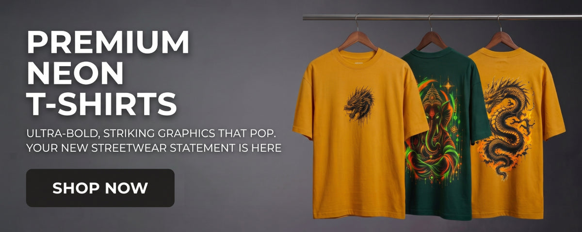 Three neon-colored graphic T-shirts displayed on hangers against a dark gray background, with promotional text on the left reading 'PREMIUM NEON T-ShIRTS' and a 'SHOP NOW' button.