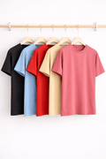 Five plain t-shirts in black, blue, red, beige, and pink hanging on a rack against a white background.