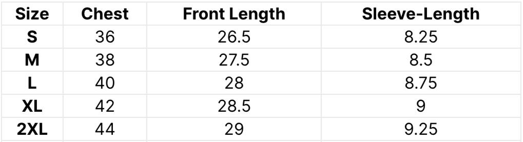 A size chart table showing chest, front length, and sleeve-length measurements for sizes S through 2XL.
