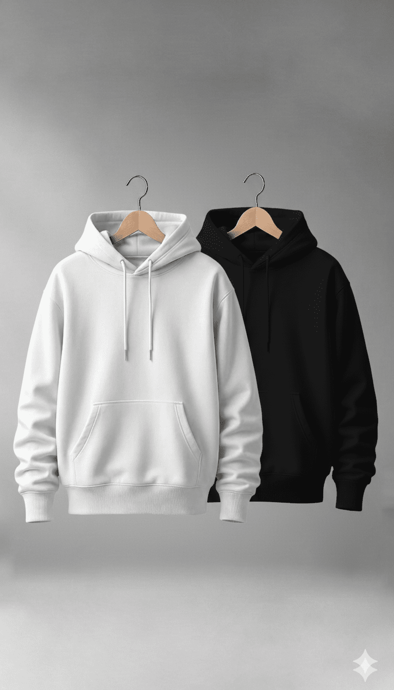White and black hoodies on hangers against a gray background